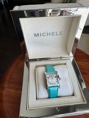 Michele MW2 Turquoise Leather Strap Square Watch
